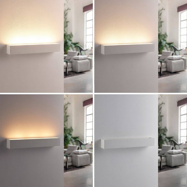 Moderne rechteckige Wandleuchte in vier verschiedenen Lichteinstellungen von warmweiß bis neutralweiß sowie ausgeschaltet in einem Wohnraum.