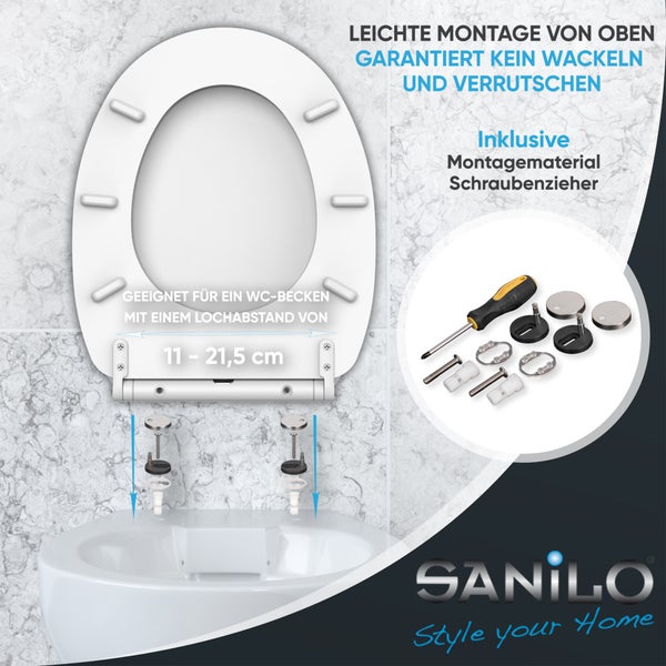 WC-Sitz mit Montagematerial und Schraubenzieher für einfache Montage von oben bei einem Lochabstand von 11 bis 21,5 Zentimeter. SANILO Logo.