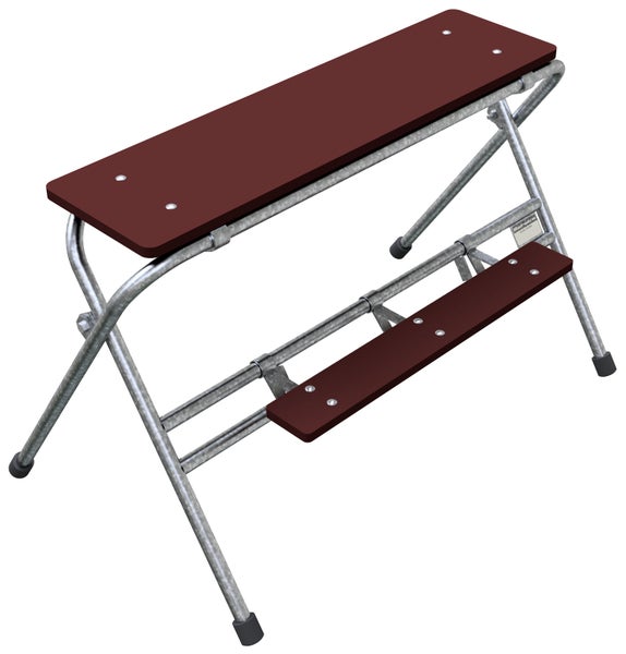 Klappbare Tapeziertischunterlage mit zwei Ebenen und Metallgestell.