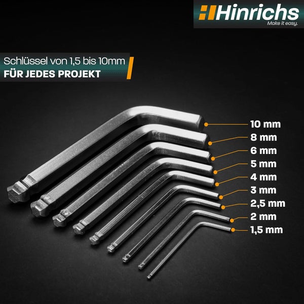 Hinrichs Logo. Innensechskant-Winkelschlüsselsatz in Größen von 1,5 Millimeter bis 10 Millimeter.