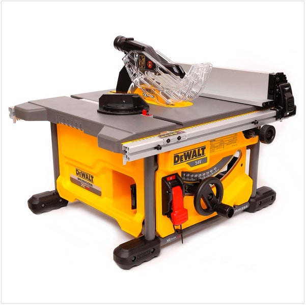 DeWalt 54 Volt Akku-Tischkreissäge mit bürstenlosem Motor, XR Flexvolt, gelb-schwarz mit grauem Sägetisch und transparentem Sägeblattschutz.