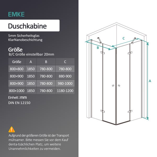 EMKE Duschkabine Eckeinstieg Dusche Duschabtrennung mit 5 mm NANO-Glas, 80x80cm, 185cm Höhe