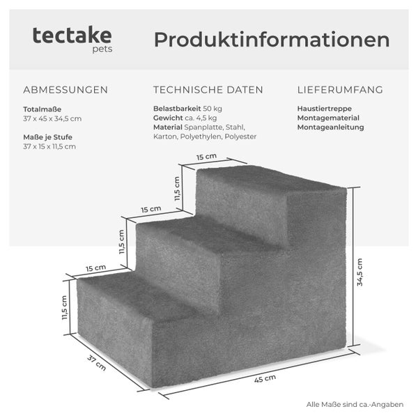 tectake Haustiertreppe mit den Massen 37 x 45 x 34,5 cm und Stufenmassen von 37 x 15 x 11,5 cm, belastbar bis 50 kg, Gewicht circa 4,5 kg, Material Spanplatte, Stahl, Karton, Polyethylen, Polyester, inklusive Montagematerial und Montageanleitung