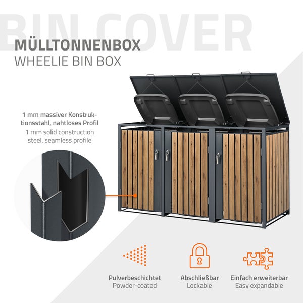 ML-Design Mülltonnenbox 3er 3 Tonnen 240L 200x80x116,3cm Anthrazit-Eichenoptik, Stahl, wetterfest/abschließbar Mülltonnenverkleidung Klappdeckel/3 Türen Müllbox Mülltonnecontainer Mülltonnenabdeckung