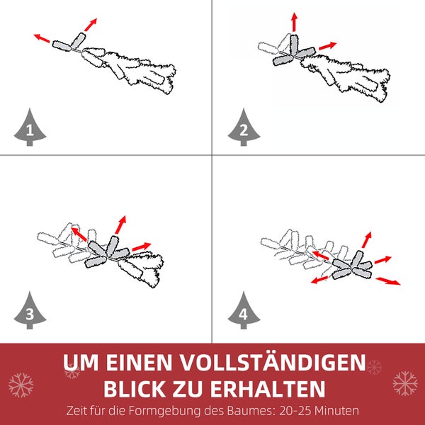 Anleitung in vier Schritten zum Ausrichten der Zweige eines künstlichen Weihnachtsbaums für ein volles Aussehen. Dauer circa 20 bis 25 Minuten.