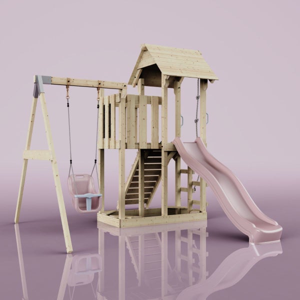 Spielturm mit Schaukel und Rutsche aus Holz