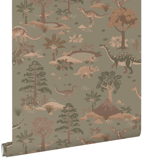 ESTAhome Tapete Dinosaurier Graugrün und Braun - 50 x 900 cm - 131657