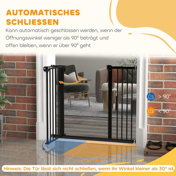 PawHut Türschutzgitter Hunde, Absperrgitter, 74-94 cm, Treppenschutzgitter für Haustier, Hundegitter inkl. Verlängerung, Schutzgitter ohne Bohren, Metall, Kunststoff, Schwarz