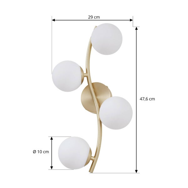 Wandleuchte mit vier Leuchten, 47,6 cm hoch, 29 cm breit, Lampenschirme mit Durchmesser 10 cm