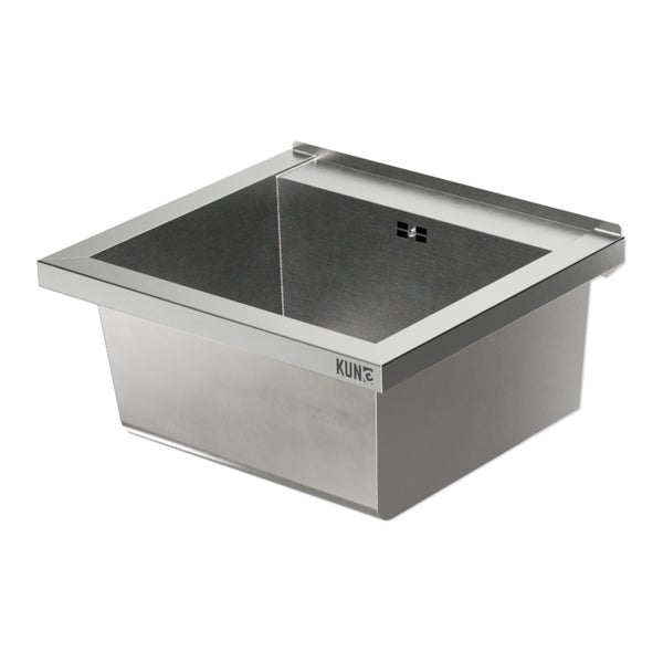 Einbau-Spülbecken aus Edelstahl der Marke KWC mit integriertem Überlauf.
