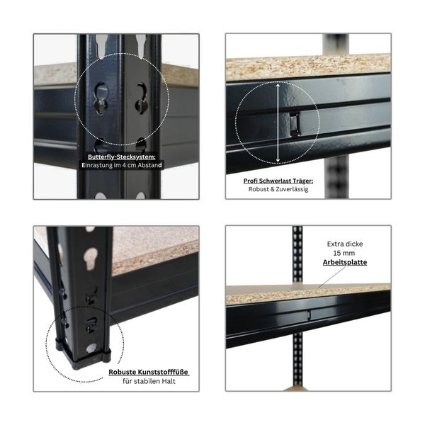 PROREGAL Profi Schwerlastregal Bison HxBxT 200 x 200 x 60 cm 5 Spanplatten-Ebenen 16mm Fachlast 600 kg Schwarz