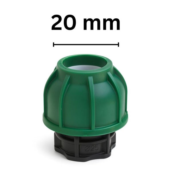 Grüne Klemmverschraubung aus Kunststoff für PE-Rohre mit 20 Millimeter Durchmesser.