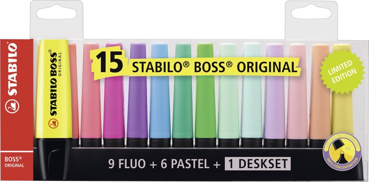 STABILO Textmarker BOSS ORIGINAL, 15er Set Leuchtfarben + Pastellfarben 9 Leuchtfarben, 6 Pastellfarben