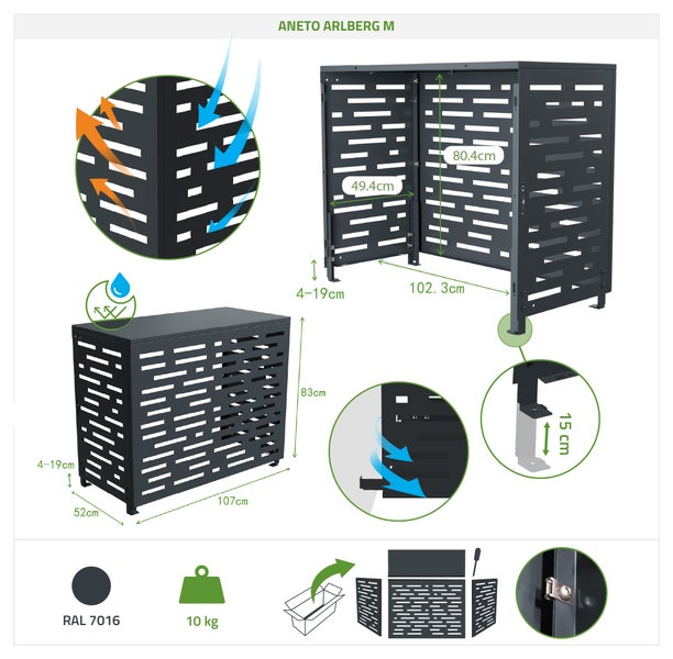 Aneto Arlberg M Gerätehaus mit Maßen und Details zu Belüftung, Wasserabweisung, Gewicht und RAL-Farbe