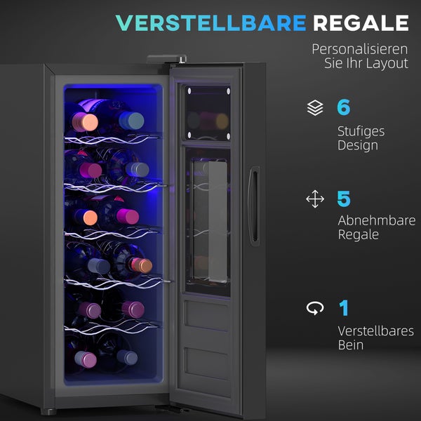 Weinkühlschrank mit blauer Innenbeleuchtung, sechs Ebenen, fünf abnehmbaren Metallregalen und einem verstellbaren Standfuß.