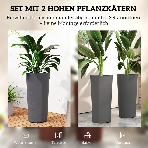 Zweiteiliges Set aus hohen dunkelgrauen Pflanzgefäßen für Wohnzimmer, Terrasse, Balkon und Veranda. Keine Montage erforderlich.