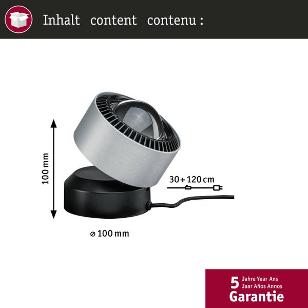 Strahler mit 100 Millimeter Höhe und Durchmesser, Kabellänge 30 plus 120 Zentimeter und fünf Jahre Garantie.