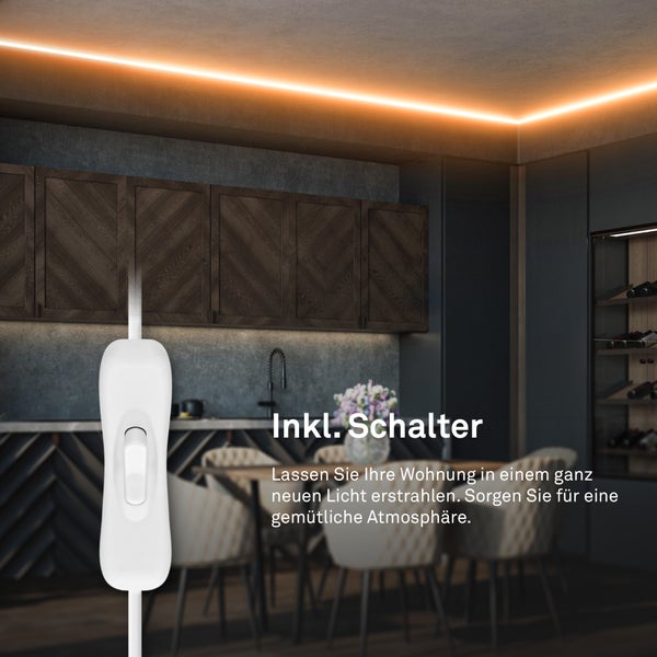 LED-Lichtband an der Decke in einem modernen Raum inklusive weißem Schnurschalter im Vordergrund.