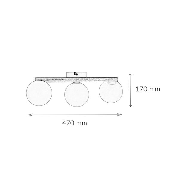 Technische Zeichnung einer Deckenleuchte mit drei Glaskugeln und den Maßen 470 mm Breite und 170 mm Höhe.