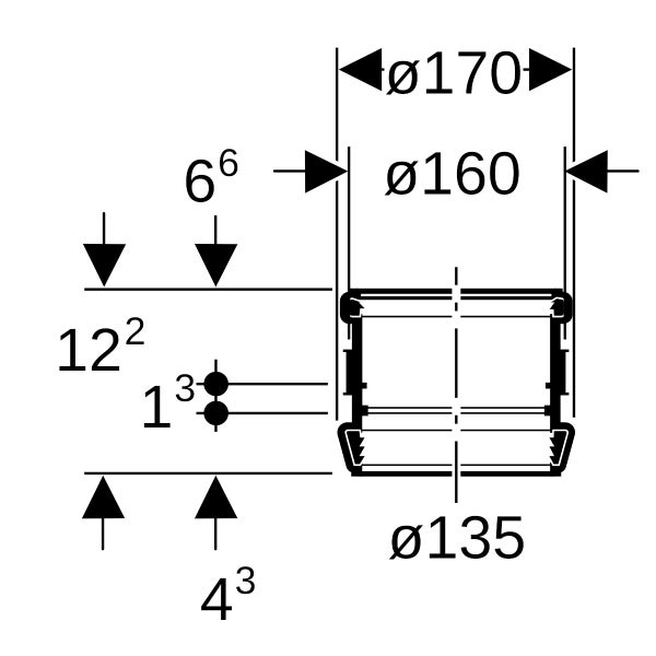 Technische Zeichnung mit Maßangaben für ein zylindrisches Bauteil, Durchmesser 170, 160 und 135 sowie eine Gesamthöhe von 122.
