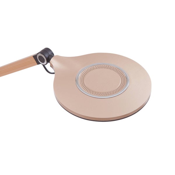 Verstellbarer runder LED-Schreibtischlampenkopf aus champagnerfarbenem Metall mit integrierter LED-Lichtquelle.