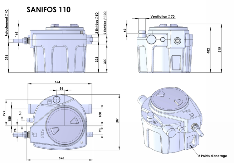 SFA SaniFos 110 Hebeanlage - 11.000 L/Std. - 1500W - Förderhöhe 14 m - Mit integriertem Hebeanlage - Inhalt 110 Liter