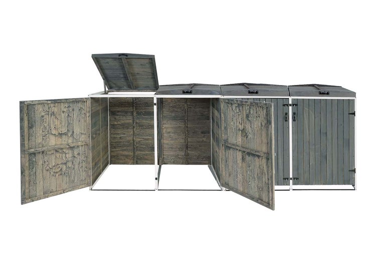 Mülltonnenbox für drei Mülltonnen mit offenen Türen und Deckel