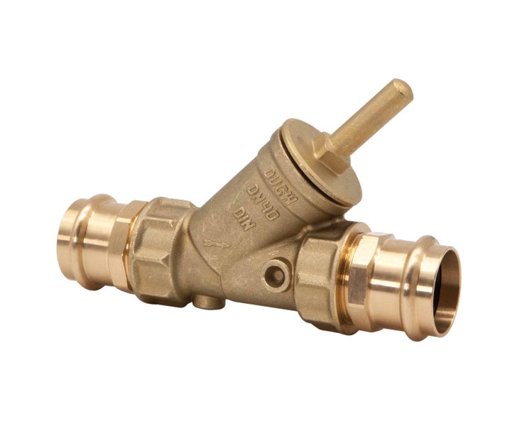 Schrägsitzventil aus Messing mit Pressanschlüssen, Nennweite 40, zertifiziert für Trinkwasser.