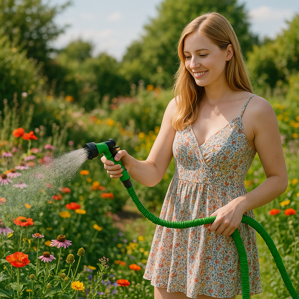 Eine Frau bewässert bunte Blumen in einem sonnigen Garten mit einem flexiblen Gartenschlauch und einer Spritzpistole.