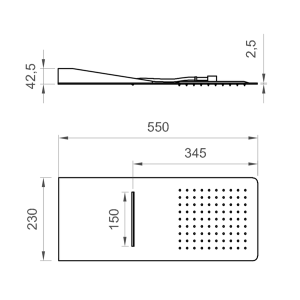 Technische Zeichnung einer Duschplatte mit Maßangaben