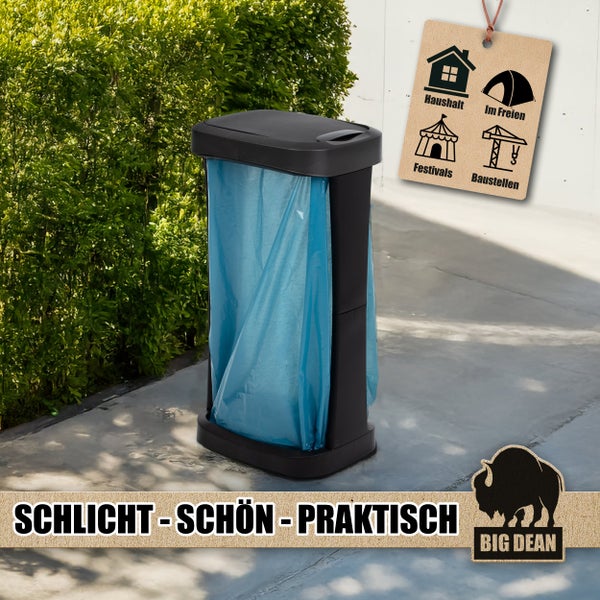 Kunststoff Abfallständer mit eingespanntem Müllsack für Haushalt, Outdoor, Festivals und Baustellen.