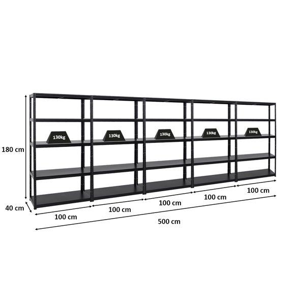 PROREGAL Mega Deal 5x Schwerlastregal Steel Eagle HxBxT 180 x 100 x 40 cm Fachlast 130 kg Schwarz