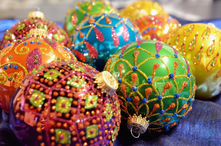 Grün/Blau/Rot/Safran 8cm Glaskugelsortiment 9-teilig, mundgeblasen und handdekoriert, 9 Stck., Weihnachtsbaumkugeln, Christbaumschmuck, Weihnachtsbaumanhänger