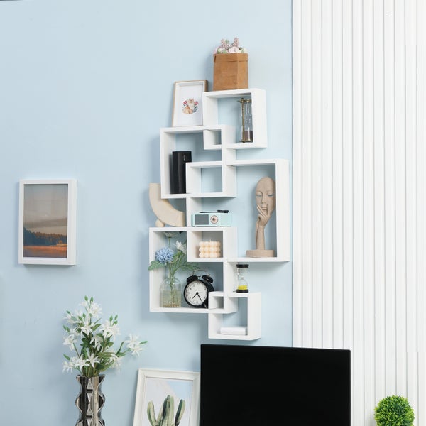 HOMCOM Wandregal Schwebende Hängeregal zur Wandaufbewahrung Wandboard mit 9 Fächern Wanddeko für Wohnzimmer, Schlafzimmer, Flur, Weiß