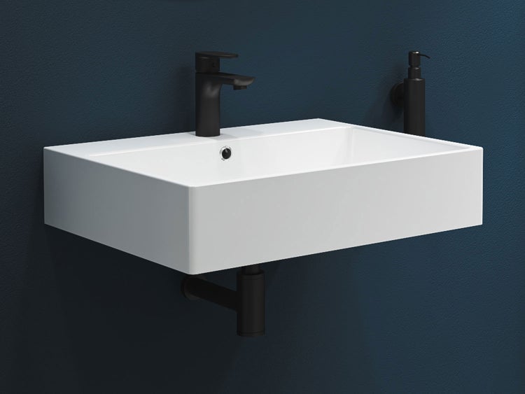 Aqua Bagno Solo Waschtisch 60x50 cm Weiß Hochglanz – Keramik Waschbecken mit Hahnloch & Überlauf, Wandmontage | Modernes Bad