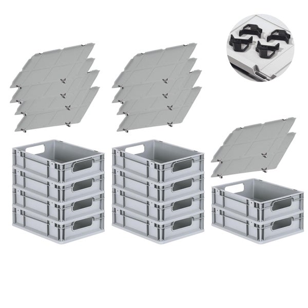 PROREGAL Spar Set 10x Eurobox Nextgen Economy Mit Auflagedeckel & 4x Schiebeschnappverschlüsse Schwarz Griffe Offen HxBxT 12 x 30 x 40 cm 11 Liter