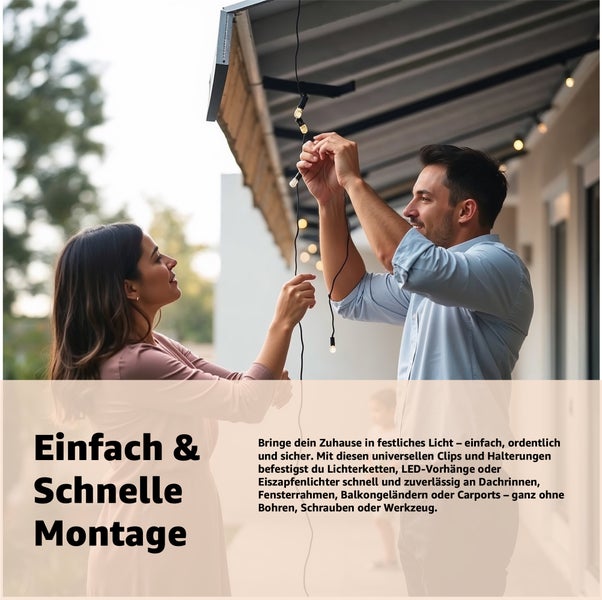 Ein Mann und eine Frau befestigen eine Lichterkette an einem Dachvorsprung.