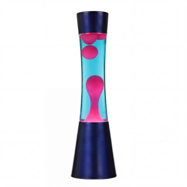 Lava-Leuchte mit blauem Glas, rosa Wachs und dunkelblauem Sockel.