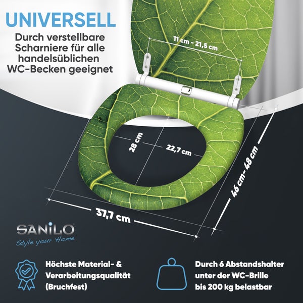 Sanilo WC Sitz mit Blatt Motiv inklusive Maßangaben und technischer Details zur Kompatibilität und Belastbarkeit.