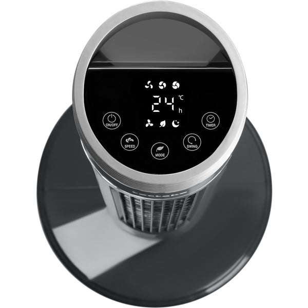 Turmventilator mit digitalem Bedienfeld, Anzeige von 24 Grad Celsius, Tasten für Ein-Aus, Geschwindigkeit, Modus, Schwenkfunktion und Timer.