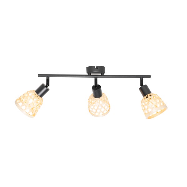 Deckenleuchte mit drei Strahlern mit Rattanschirm