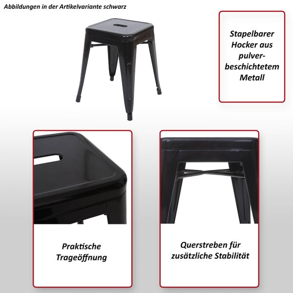 Stapelbarer, pulverbeschichteter Metallhocker mit Trageöffnung und Querverstrebungen für Stabilität.