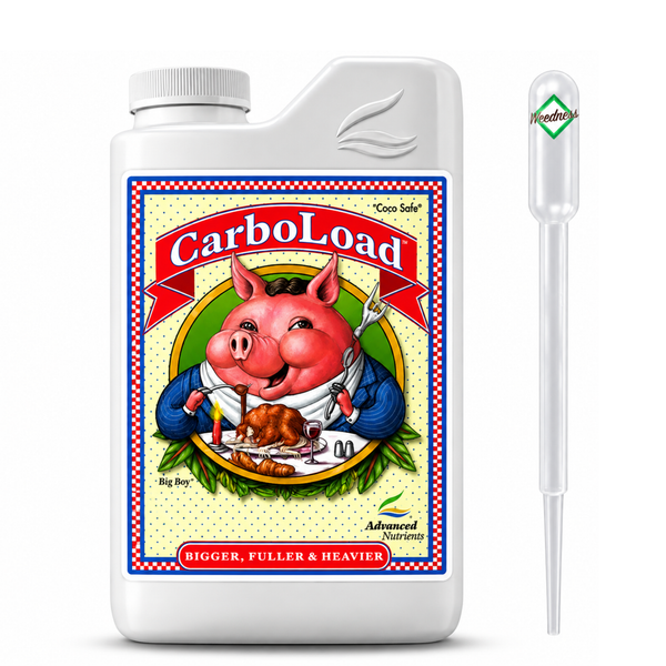 Advanced Nutrients CarboLoad Pflanzendünger in weißer Flasche mit Pipette und Schweinemotiv auf dem Etikett