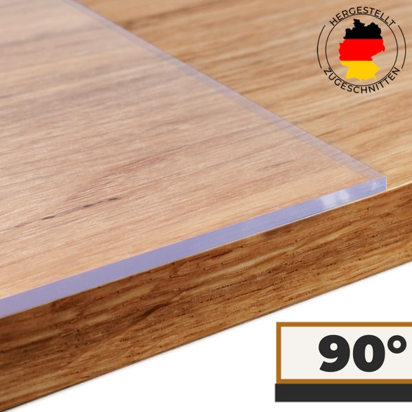 Transparente Kunststoffplatte mit 90-Grad-Ecke, hergestellt und zugeschnitten in Deutschland.