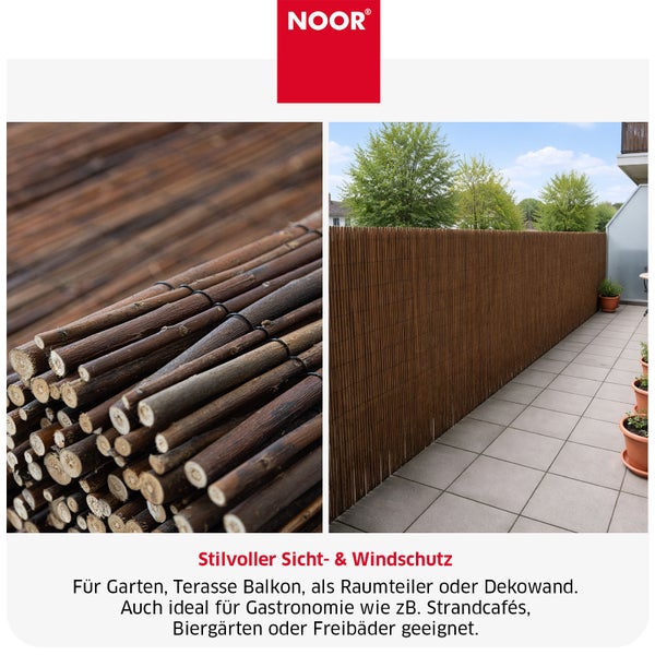 Noor Logo und Weidenmatte als natürlicher Sichtschutz und Windschutz für Balkon, Terrasse und Garten montiert als Zaun.