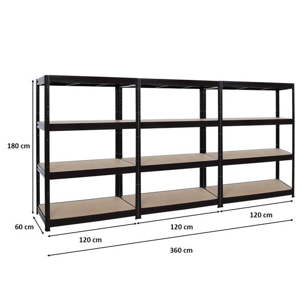 PROREGAL Mega Deal 3er-Sparset Profi-Schwerlastregal DINO HxBxT 180x120x60cm Fachlast 600kg Schwarz
