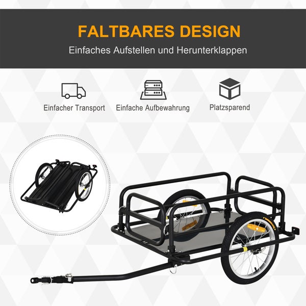HOMCOM Fahrradanhänger, Lastenanhänger für Fahrrad, 40 kg Belastbarkeit, 139 x 71,5 x 49 cm, Stahl, Schwarz