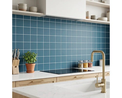Moderne Küche mit quadratischen blauen Wandfliesen als Fliesenspiegel, heller Arbeitsplatte und Armatur in Messingoptik.