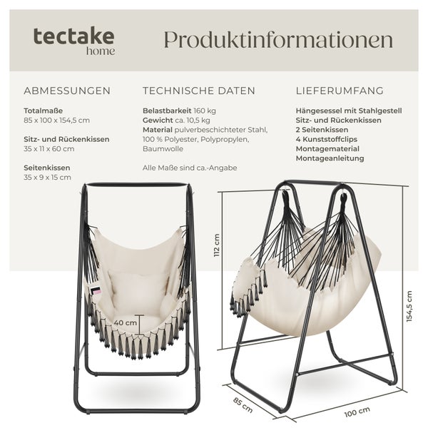 Hängesessel tectake Alison 85 x 100 x 154,5 cm 3 extra dicke Kissen beige
