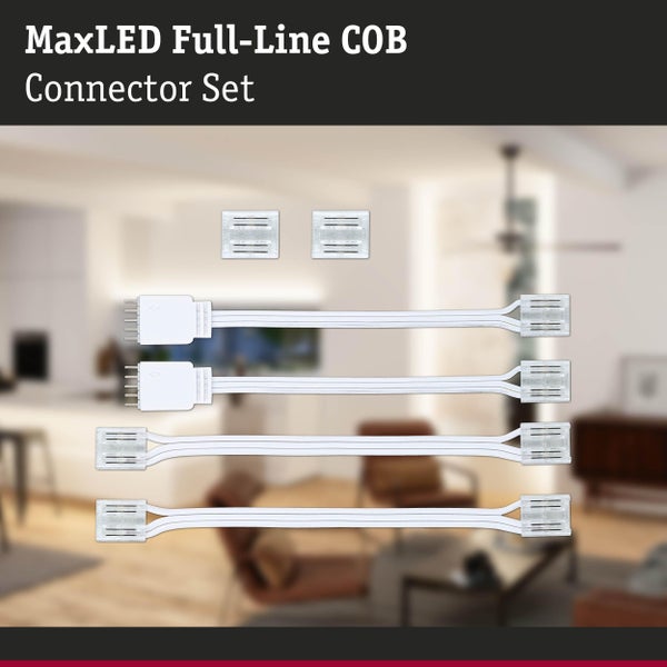 MaxLED Full-Line COB Verbindungs-Set mit vier Anschlusskabeln und zwei Clips für LED-Streifen in einem Wohnraum.